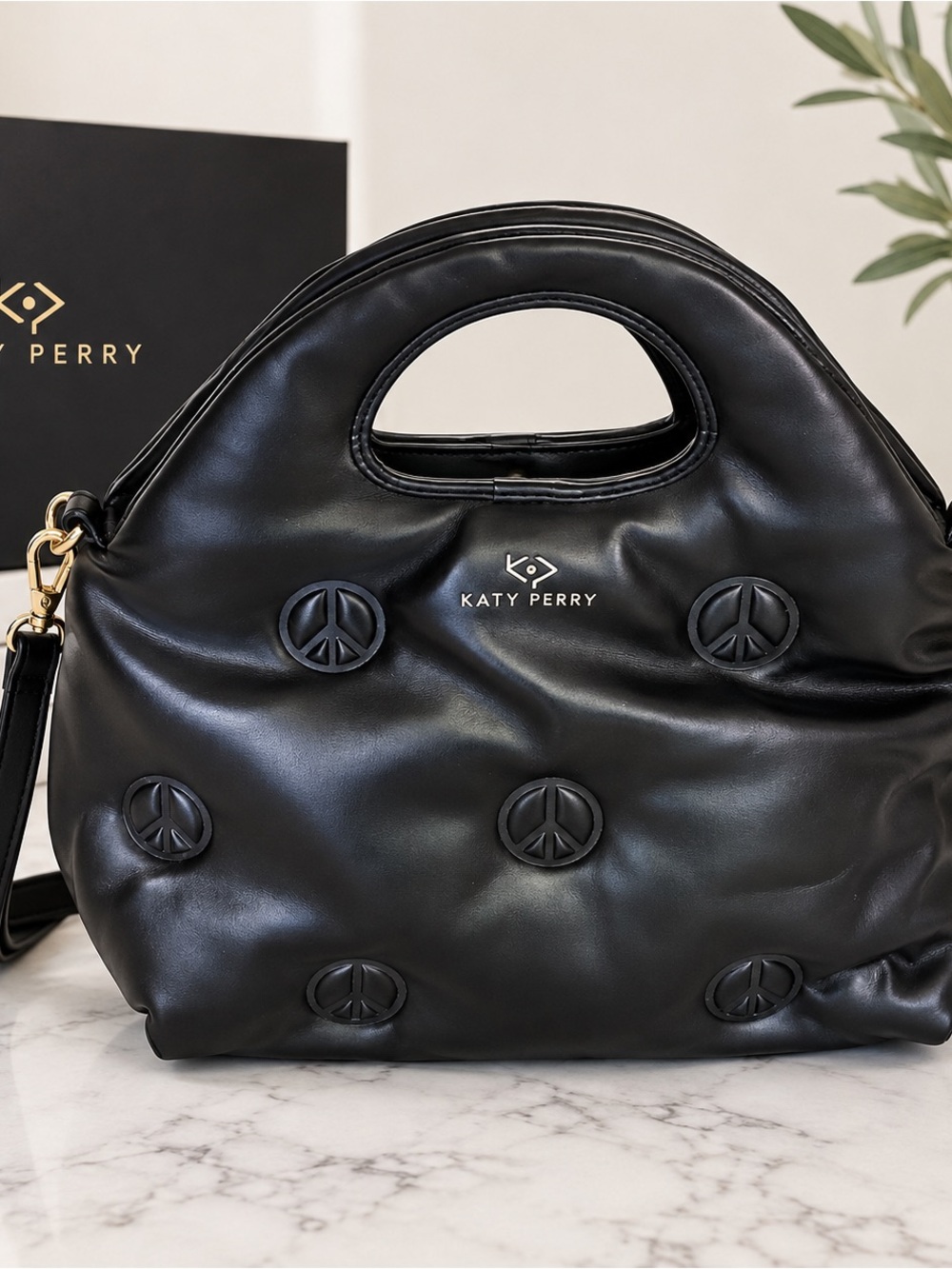 Katy Perry Black Puffy Peace Sign Handbag Satchel Crossbody NWT